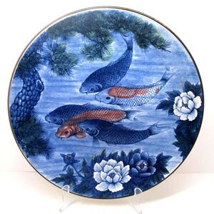 Vintage Japanese Toyo Koi Fish Blue Round Platter 12.5" Lotus Flower  Excellent
